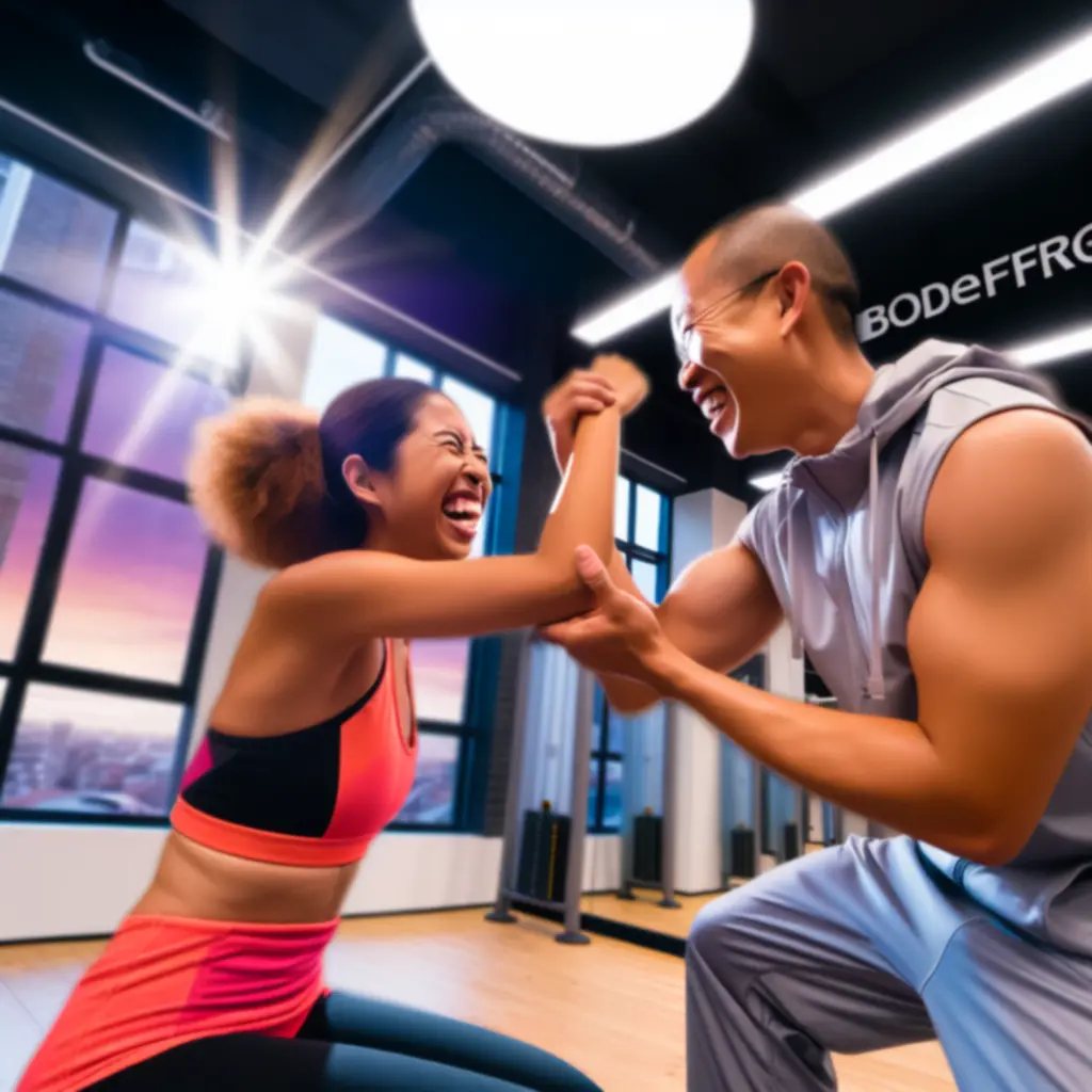 Edző segít egy vendégnek edzés közben, láthatóan elért eredményekkel